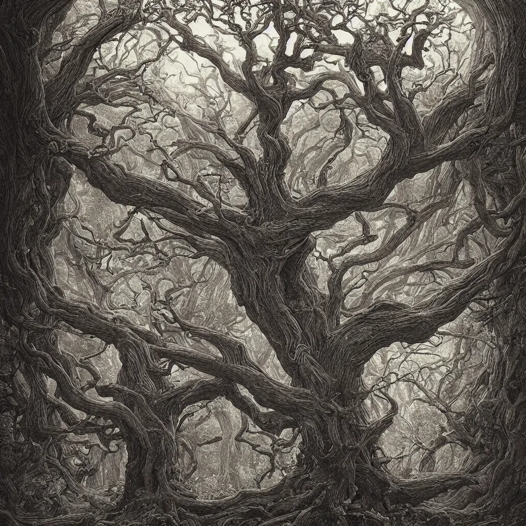 Prompt: tree of life, yggdrasil, moody lighting, by moebius, by laurie lipton