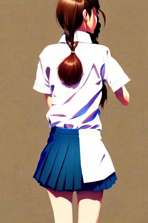 Prompt: gouache of a cute girl wearing school uniform standing in the city which seem small, back view, bird's eye view, 8 k wallpaper, strong brush stroke, very high detailed, sharp focus, illustration, morandi color scheme, art station, by krenz cushart