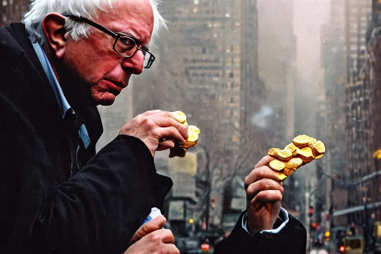 Prompt: closeup potrait of bernie sanders offering a werther's original in a smoky new york street, screen light, sharp, detailed face, magazine, press, photo, Steve McCurry, David Lazar, Canon, Nikon, focus