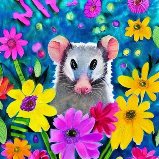 Prompt: opossum, adorable, children's art, colorful, flowers, trees, full moon