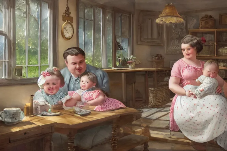 Prompt: charming and chubby parents and their very fat baby girl, wearing a polka dot cloths and a victorian - style hairdo, sits in the large and bright studio. sunlight enters through the barred window. watercolor and pen painting. beautiful lighting, 4 k post - processing, highly detailed, 5 k extremely detailed, 3 d. cinematic scene.