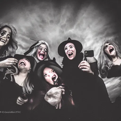 Prompt: a coven of witches, laughing and eagerly making fun of the camera!!!!!, fisheye!!!!! lens photography, lens distortion, chromatic aberration!!!!!, cgsociety contest winner, best on artstation, photorealistic photography, grim lighting, foreboding atmosphere, dark, nighttime, 4 k, 8 k