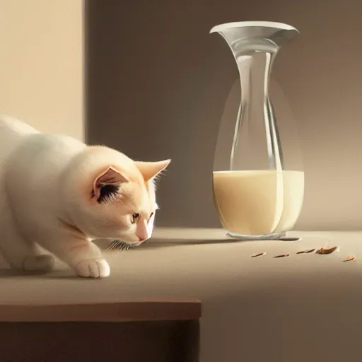 Image similar to cat drinking milk in a modern house concept art, sharp focus, digital art, Hyper-realistic, 4K, Unreal Engine, Highly Detailed, HD, Dramatic Lighting by Brom, trending on Artstation