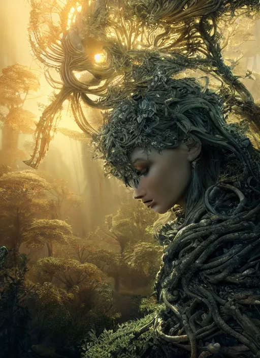 Image similar to stunning biomechanical incredible hair, masterpiece crystalline incrustations, hyperdetailed face, elegant pose, movie still, intricate, octane render, cinematic forest lighting, cgsociety, unreal engine, crepuscular rays, god rays