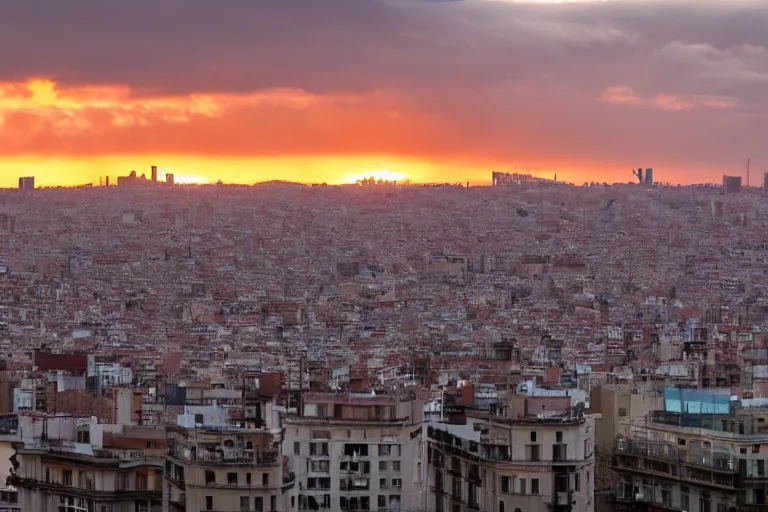 Image similar to views of catastrophic barcelona covered with water and refugees in buildings, global warming, sunset lighting, photo real