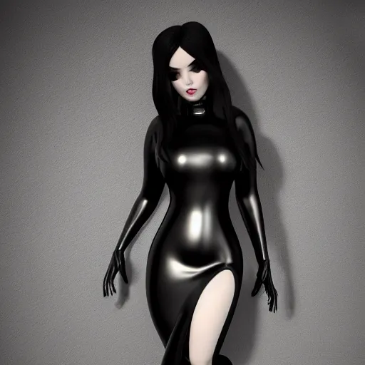 Prompt: a curvy pale hot young goth woman wearing an elegant modest tight shiny silver-black striped latex high-neck dress, cgsociety, photorealistic, sublime-cool-hyperadvanced-dark ambience, 16k, smooth, sharp focus, trending on ArtStation, volumetric lighting, fully clothed, thin waist