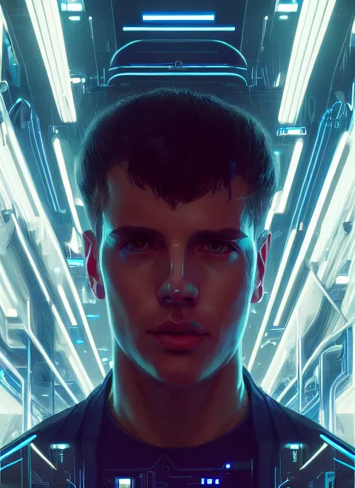 Prompt: symmetry!! portrait of zach harbrone, sci - fi -, cyberpunk, blade runner, glowing lights, tech, biotech, techwear!! intricate, elegant, highly detailed, digital painting, artstation, concept art, smooth, sharp focus, illustration, art by artgerm and greg rutkowski and alphonse mucha