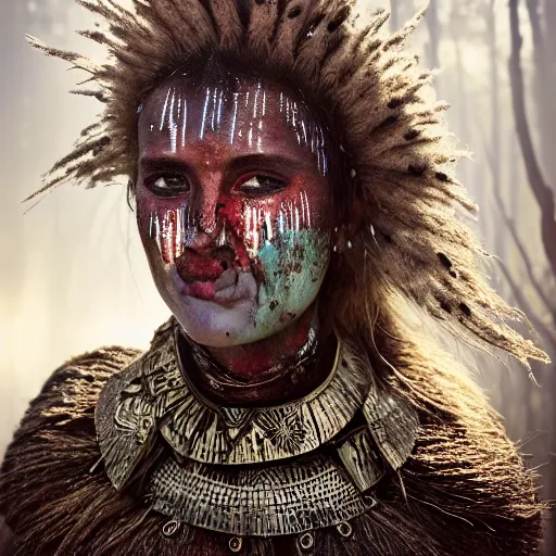 Prompt: head and shoulders portrait of a female knight, tribal armor, smudged face, light blood spatter, detailed face, photography by jimmy nelson, golden hour, forest