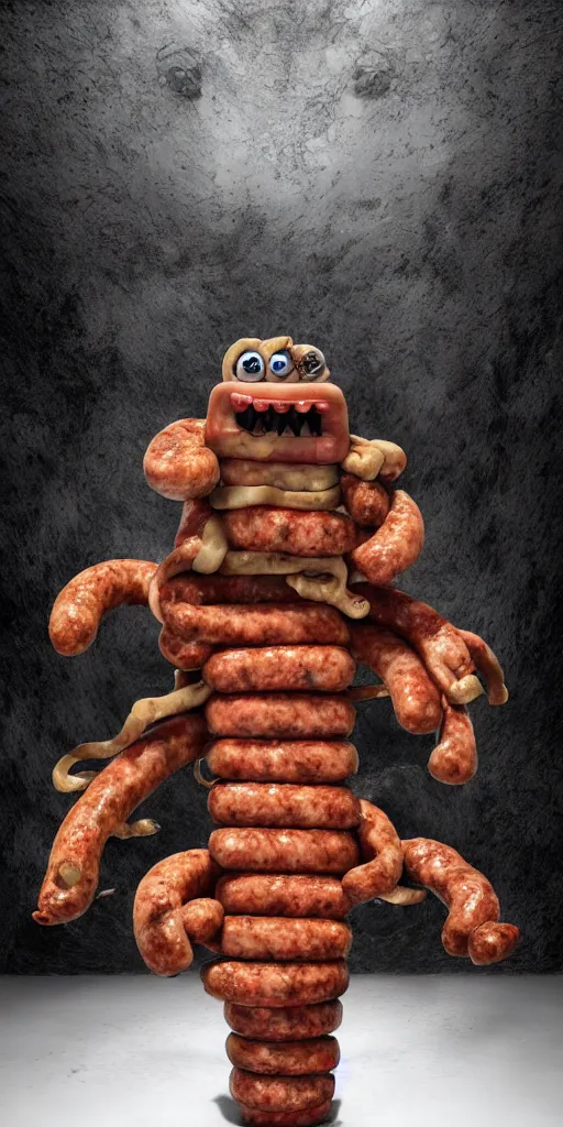 Image similar to a monster made of sausages posing for you against a solid white backdrop, [ scary, intimidating, threatening, horror, epic, cinematic, dramatic, 4 k, octane render, art by ed emshwiller ]