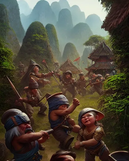 Prompt: dwarfs fighting in vietnam, old photo | | realistic shaded, fine details, realistic shaded lighting painting by greg rutkowski, diego gisbert llorens, magali villeneuve, artgerm, jeremy lipkin, michael garmash, rob rey