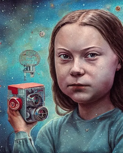 Image similar to closeup face profile portrait of greta thunberg as a soviet chernobyl space toy, bikini, depth of field, zeiss lens, detailed and intricate environment, fashion photoshoot by nicoletta ceccoli, mark ryden, lostfish, breathtaking, 8 k resolution, artistic, hyperrealistic, octane render