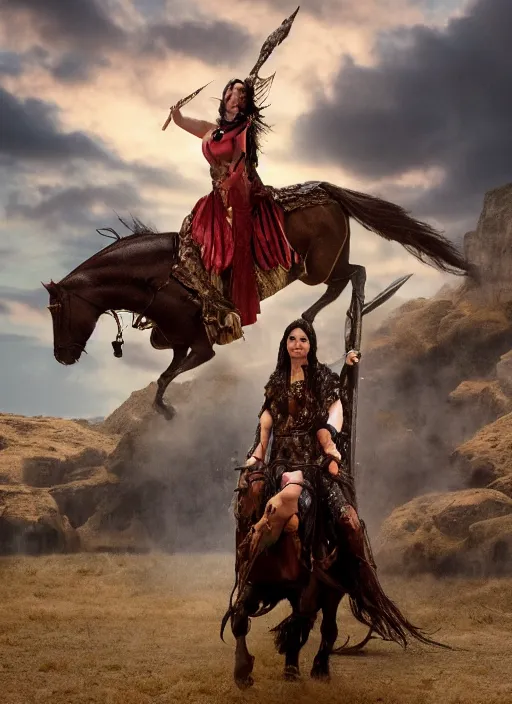 Image similar to monica bellucci riding a giant stallion, dressed in fantasy garb like in Dino De Laurentis Conan movie, with lighting shooting out of the blade destroying hoards of vikings, realistic, 4k