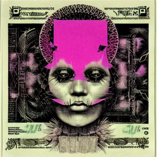 Image similar to post - punk new age album cover, asymmetrical design, frame of a dollar bank notes, capitalism, magic, apocalypse, psychedelic, black white pink, magic, giger h. r., giuseppe arcimboldo