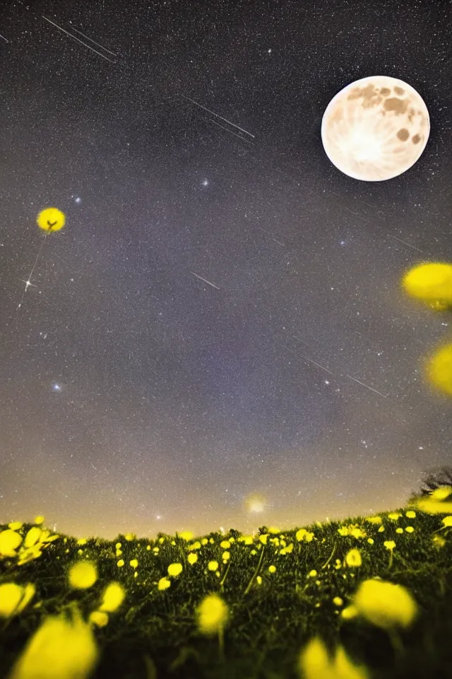Prompt: low angle, shot from below. two very large moons in night sky. galaxies and milky way in the night sky, galaxies. 3 0 second shot. heavy meteor shower. field of big frozen yellow flowers. f 1. 8 lens, 1 6 mm, lens flare, bokeh. high detail. photorealistic, romantic