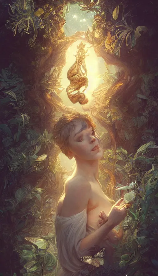 Image similar to small light magical creature, fibonacci, sweat drops, insane, intricate, highly detailed, digital painting, artstation, concept art, smooth, sharp focus, illustration, Unreal Engine 5, 8K, art by artgerm and greg rutkowski and alphonse mucha