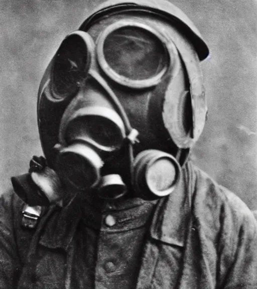 Prompt: person wearing gas mask, ww1 photo, grainy, high detail, high resolution, tehnicolor