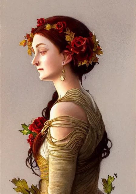 Image similar to portrait of sansa stark gold lights autumn berries roses, intricate, elegant, highly detailed, digital painting, artstation, concept art, smooth, sharp focus, illustration, art by artgerm and greg rutkowski and alphonse mucha and william - adolphe bouguereau