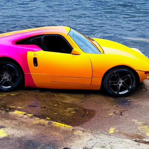 Prompt: professional high quality wide - angle image of a colorful sports car from the year 2 0 7 7 that is badly damaged and crashed halfway into the water at a stevedoring port. ( 2 0 7 7 kodachrome panavision ). the weather is sunny but with a small rain cloud. imax 7 0 mm, wide - angle.