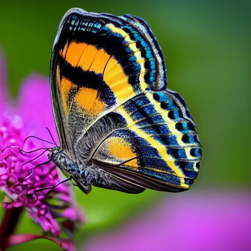 Prompt: a butterfly with false teeth, bold natural colors, national geographic photography, masterpiece, full shot