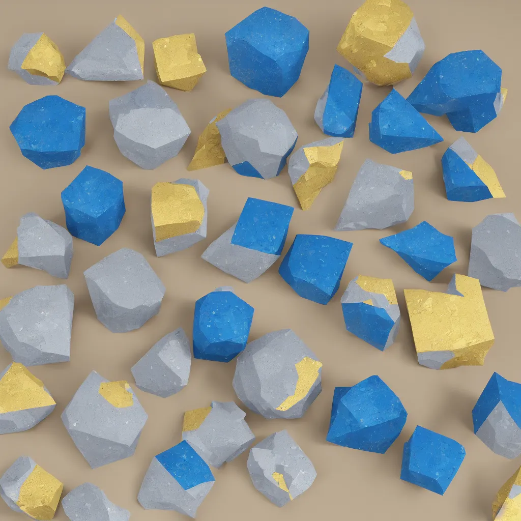 Image similar to 3 dimensional solid large globular geometric 3 d shapes made of solid impasto oil paint, with strong top right lighting creating shadows, each shape has a covering of sparkling golden pyrites cubes, colours cream and blue - grey