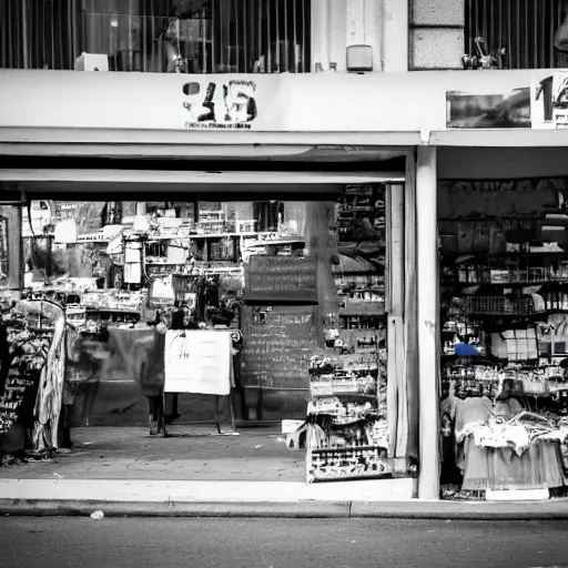 Prompt: a photo of a market stall at a street corner in the style of the film'minority report'taken from a distance, dslr