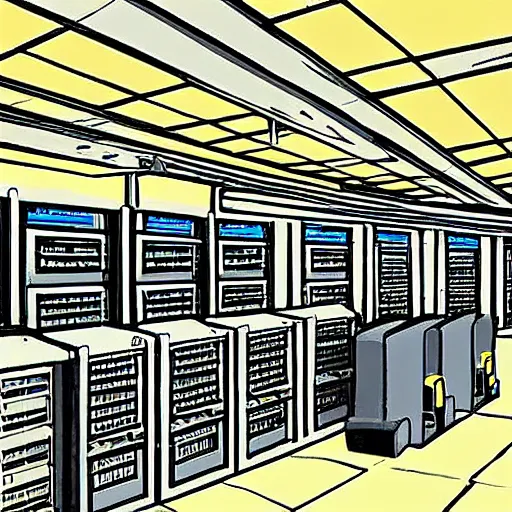 Image similar to Interior of a retrofuturistic data center, very detailed, cartoon style