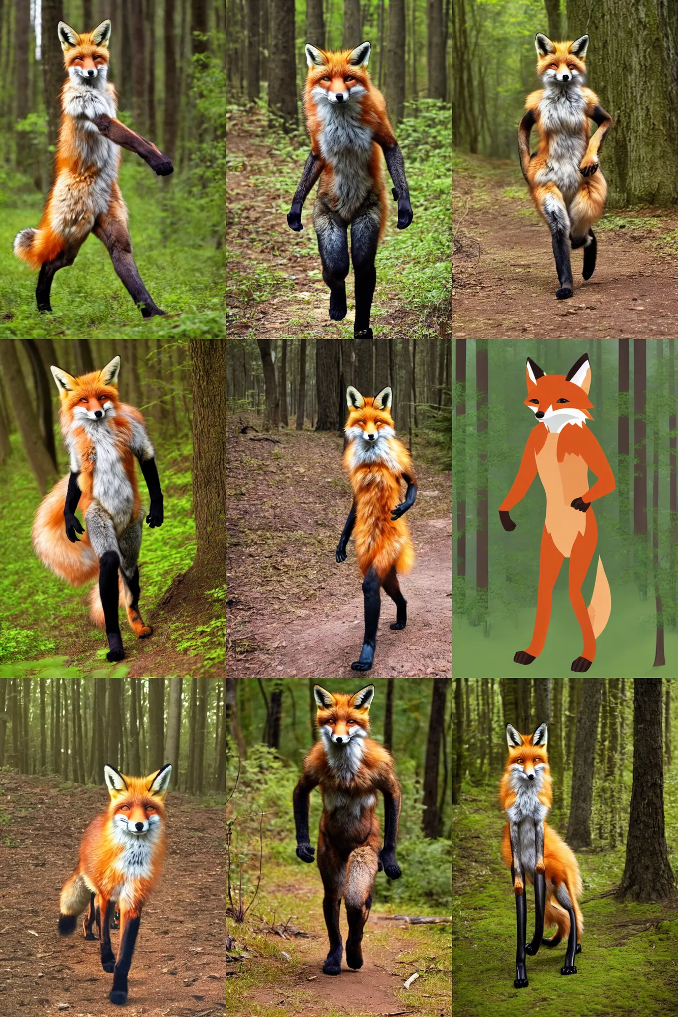 Image similar to anthro digitigrade natural - colored fox person with black paws, walking upright in a forest