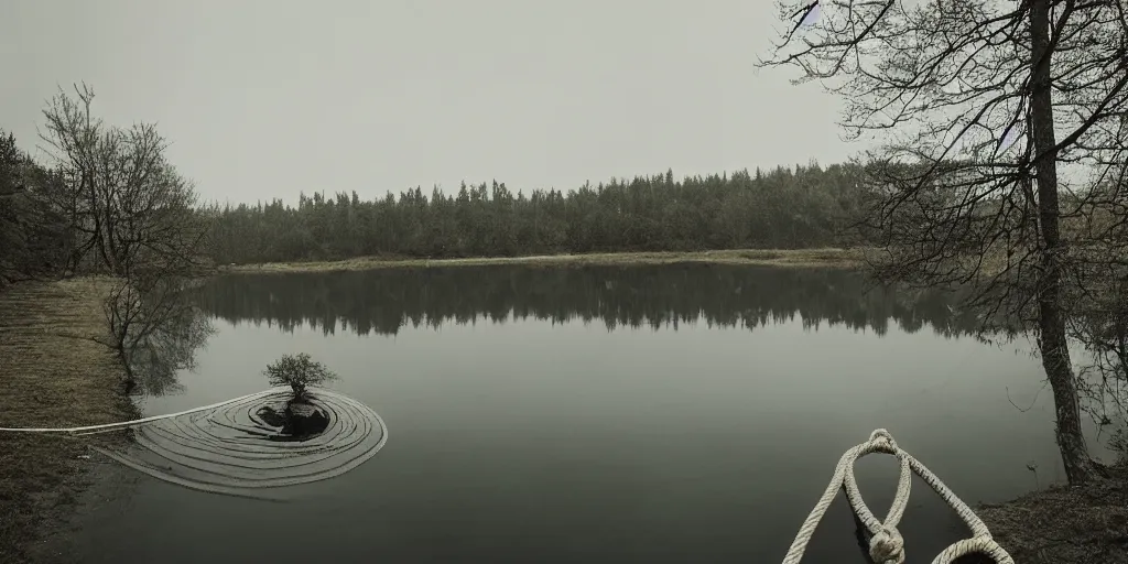 Image similar to symmetrical photograph of a very long rope on the surface of the water, the rope is snaking from the foreground towards the center of the lake, a dark lake on a cloudy day, trees in the background, moody scene, dreamy kodak color stock, anamorphic lens