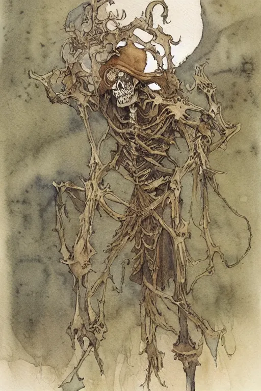 Image similar to a simple and atmospheric watercolour portrait of a skeleton king on halloween, very muted colors, by rebecca guay, michael kaluta, charles vess and jean moebius giraud