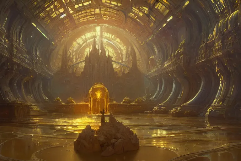 Prompt: a background matte painting for a high tech science fiction religious room with chambers of bubbling liquid gold intricate digital painting artstation concept art smooth sharp focus illustration, art by artgerm and paul chadeisson and greg rutkowski and alphonse mucha