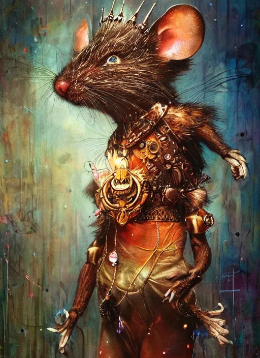 Image similar to a humanoid animal king mouse with a crown, atmospheric beautiful by stanley artgerm, tom bagshaw, arthur adams, carne griffiths, trending on deviant art, street art, chillwave, maximalist, full of color, glittering, 8 k, hd