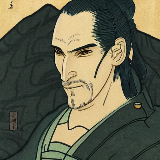 Prompt: Geralt of Rivia painted with Hokusai style, very detailed