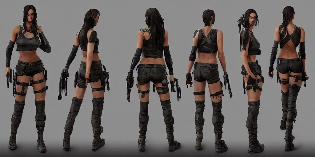 Image similar to cyberpunk lara croft, character sheet, concept design, contrast, hot toys, kim jung gi, greg rutkowski, zabrocki, karlkka, jayison devadas, trending on artstation, 8 k, ultra wide angle, pincushion lens effect