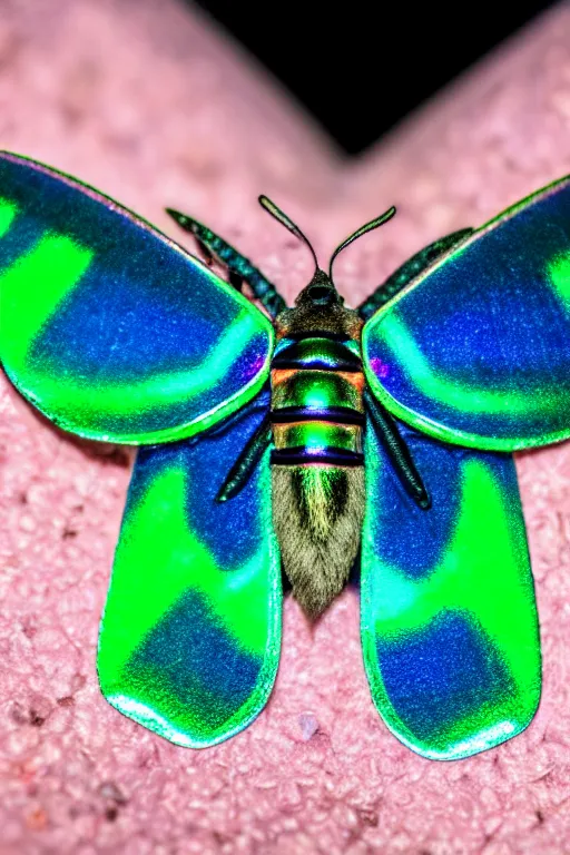 Image similar to high quality macro photo silky iridescent moth! jewelled gorgeous! highly detailed david ligare elson peter cinematic blue neon lighting high quality low angle hd 8k sharp shallow depth of field