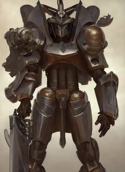 Image similar to medium-length portrait of a male paladin with short curly hair and a dark beard, dark brown skin, happy expression, wears a suit of power armor, gundam, holding buster sword aloft, medieval setting, highly detailed, digital painting, artstation, concept art, sharp focus, illustration, art by greg rutkowski and alphonse mucha