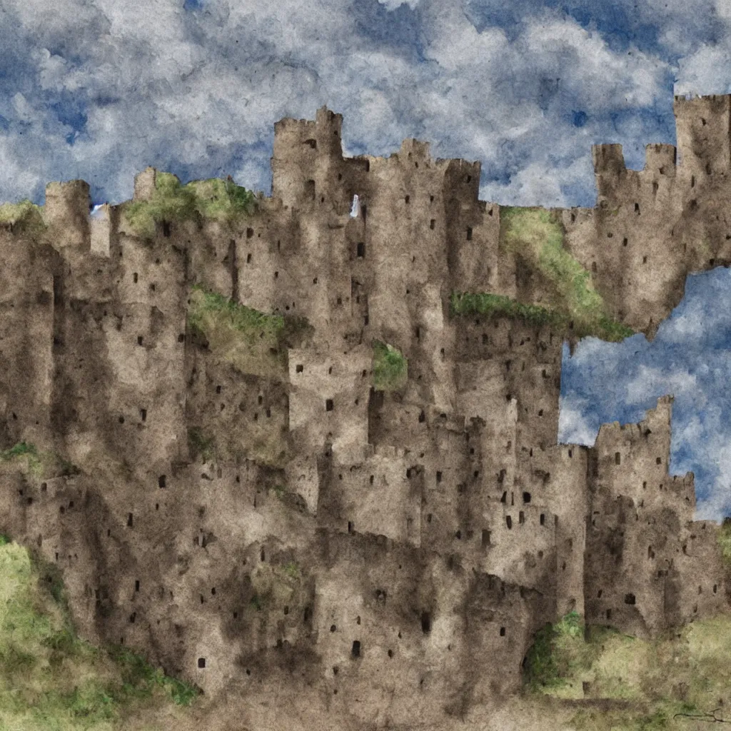 Image similar to ruins of a castle in a dry moutain with a cloudy sky, digital painting, impressinism