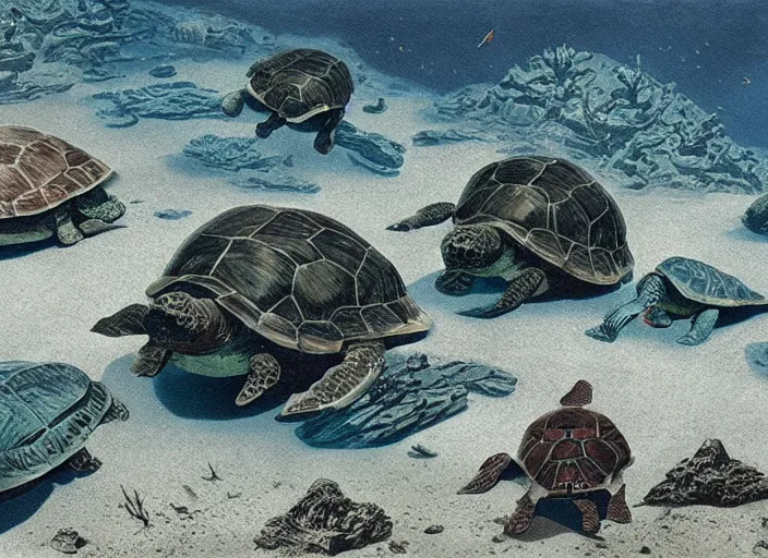 Prompt: mega turtles underwater in a ruined Atlantis art by Chesley Bonestell, cgsociety, retrofuturism, matte painting, reimagined by industrial light and magic