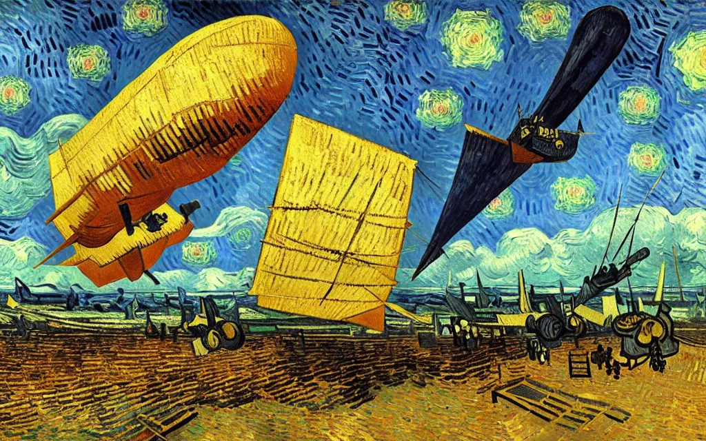 Prompt: detailed expressionist oil painting by van gogh of a steampunk airship rising off of the ground, antique airship with ornate design, landscape painting, expressionism, 8 k resolution, smooth, sharp focus, matte painting