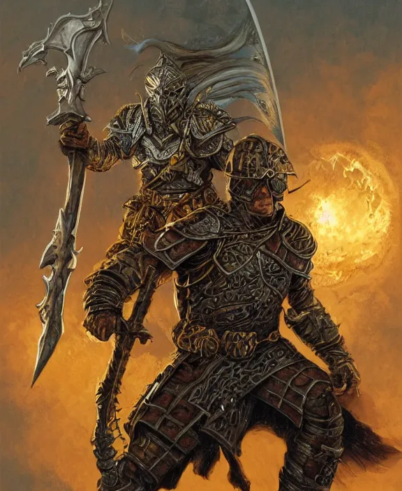 Image similar to battle - worn warrior with legendary sword, fantasy, man, cool armour, intricate, highly detailed, digital painting, artstation, concept art, wallpaper, smooth, sharp focus, illustration, art by larry elmore, jeff easley, clyde waldwell, keith parkinson, daniel r horne