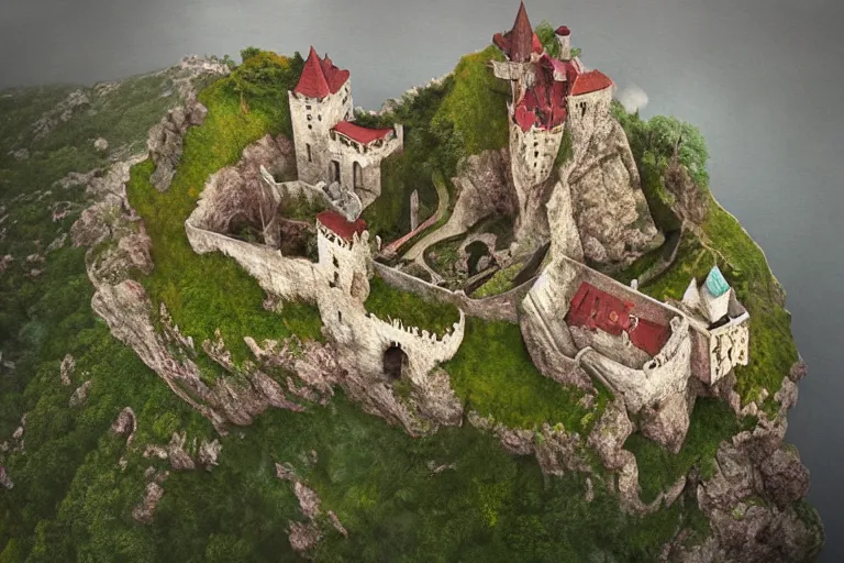 Image similar to an enchanting castle on a cliff by gediminas pranckevicius, aerial view