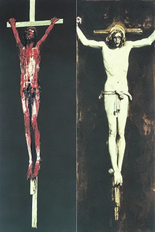 Prompt: bloody christ crucified and the light of god in the sky painted by cy twombly and andy warhol