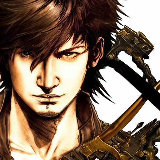 Image similar to portrait of a hero holding his sword in front of his face by yoji shinkawa, high quality, extra details, realism, ornate, colored, golden chain, blood, white skin, short hair, brown eyes, vivid, sunlight, dynamic, american man, freedom, handsome, dynamic lighting, dimensions, dimensional