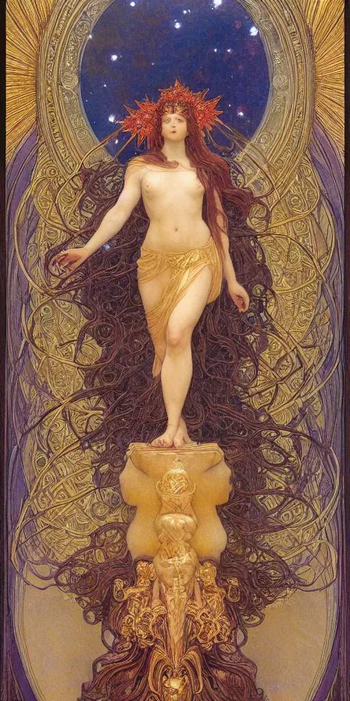 Image similar to portrait burning saint face, venus, athena, halo, by alphons mucha and annie swynnerton and jean delville, strong dramatic cinematic lighting, ornate headdress, flowing robes, spines, flowers, stars, lost civilizations, smooth, sharp focus, extremely detailed, marble, molten gold, space