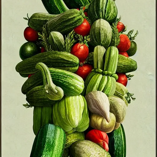 Image similar to mark zuckerberg as a zucchini, vegetable market stand in the background, digital painting by arcimboldo