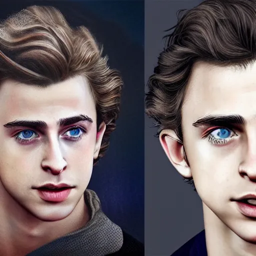 Image similar to Young Chris Hemsworth and Old Timothee Chalamet crossbreed, rendered in 3D by Xie Boli, trending on artstation, 4k, 8k, photorealistic imagery, photorealistic details, intricate, highly detailed