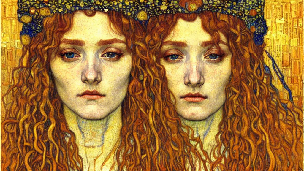 Image similar to detailed realistic beautiful young medieval queen face portrait by jean delville, gustav klimt and vincent van gogh, art nouveau, symbolist, visionary, gothic, pre - raphaelite, muted earthy colors, desaturated