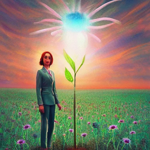 Image similar to giant daisy flower head, frontal, a girl in a suit, surreal photography, sunrise, dramatic light, impressionist painting, digital painting, artstation, simon stalenhag