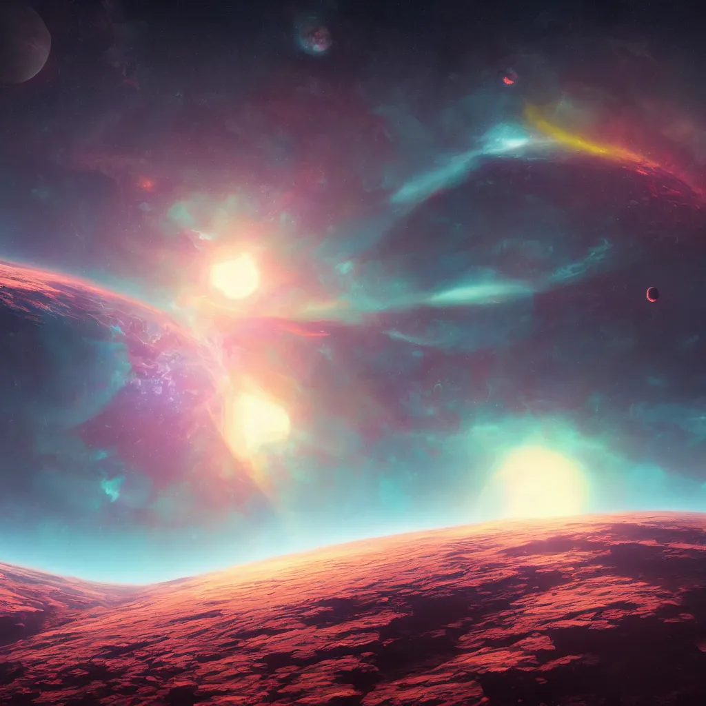 Image similar to a colorful exoplanet, horizon, view from space, artstation, cinematic, by greg rutkowski, scifi, digital art, digital painting, unreal engine, 8 k, volumetric lighting, contrast