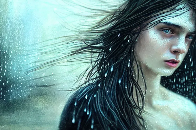 Image similar to girl flying freely in rain with wet hair and face, glowing eyes, fantasy, captivating dynamic facial expression, intricate, elegant, dramatic lighting, emotionally evoking symbolic metaphor, highly detailed, lifelike, photorealistic, digital painting, artstation, concept art, smooth, sharp focus, illustration, art by John Collier and Albert Aublet and Krenz Cushart and Artem Demura and Alphonse Mucha