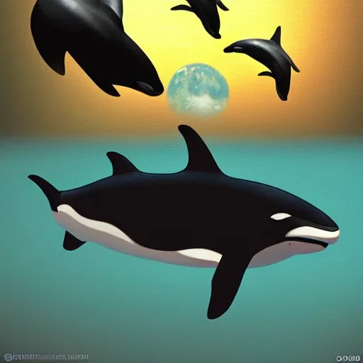 Prompt: orca killer whale jumping over the moon. space, stars, planets. Ocean life, marine life. Trending on artstation